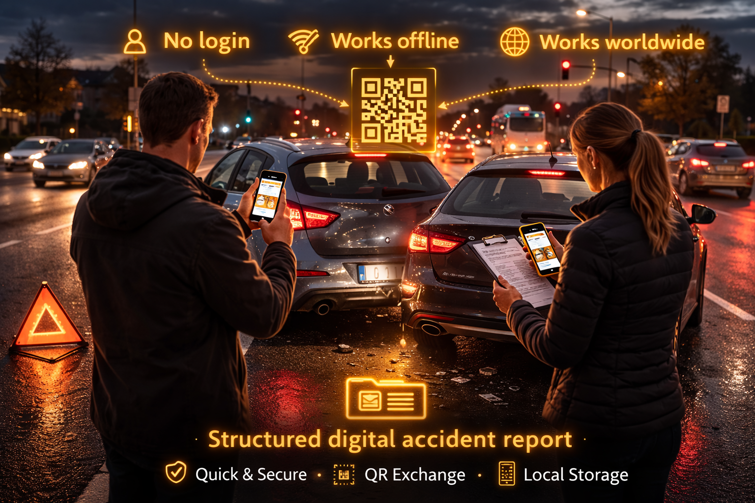Drivers documenting a minor traffic accident using Mobile-TAG app without injuries, offline and without accounts